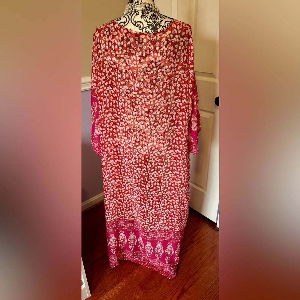 Boho PinkRed floral maxi long kimono beach coverup- L/XL - Picture 5 of 8